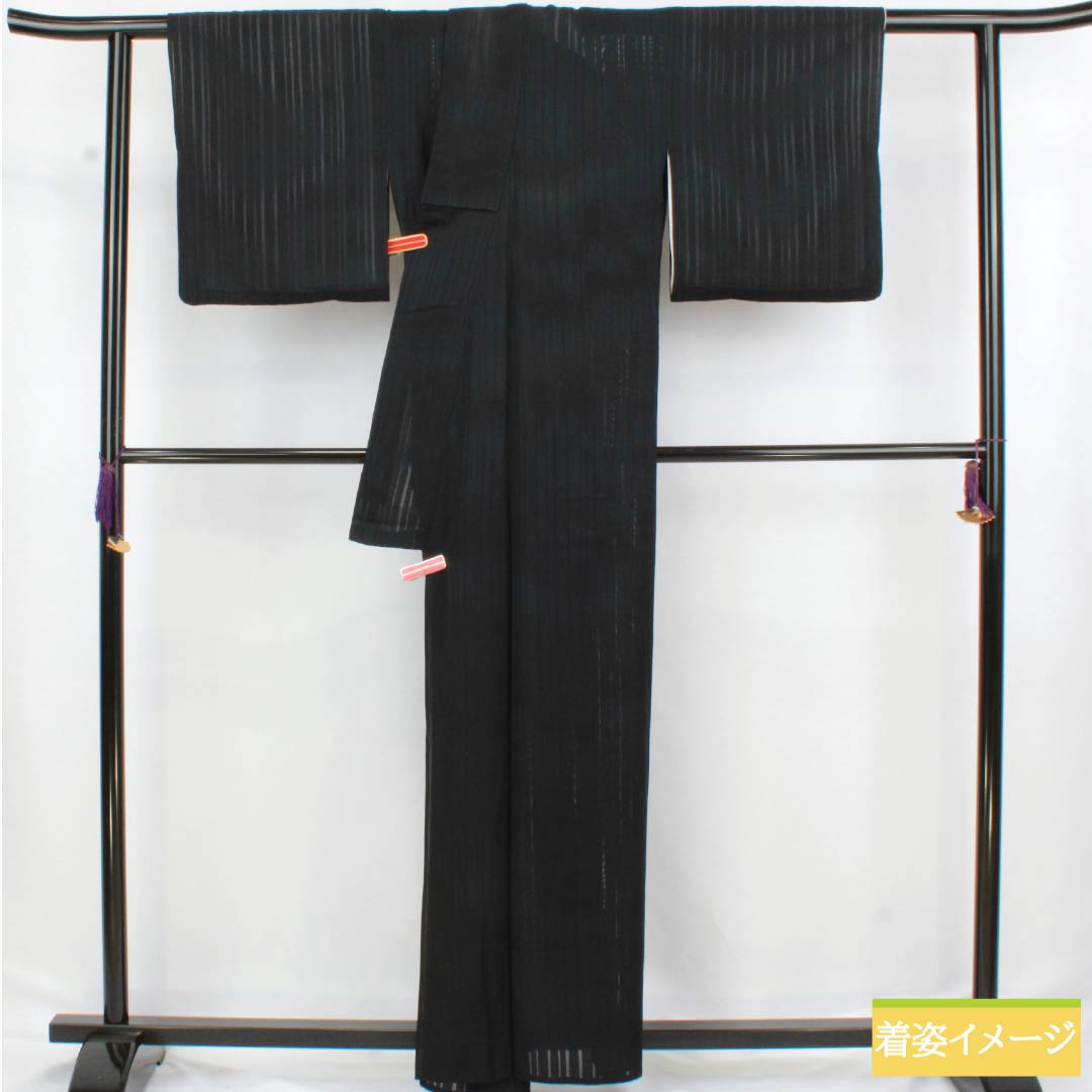 夏物 正絹 色無地 身丈161cm 裄丈63cm 竪絽 ボカシ染 うそつき襦袢 絽 Aランク 黒系 1132002723410