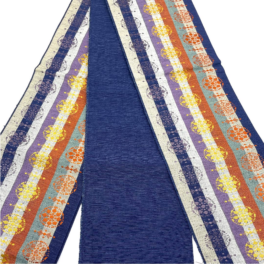 (未仕立)半幅帯 ポリエステル ストライプ 縞 丸に花 花柄 抽象模様 帯丈352cm グラデーション系 Sランク 1125001212399