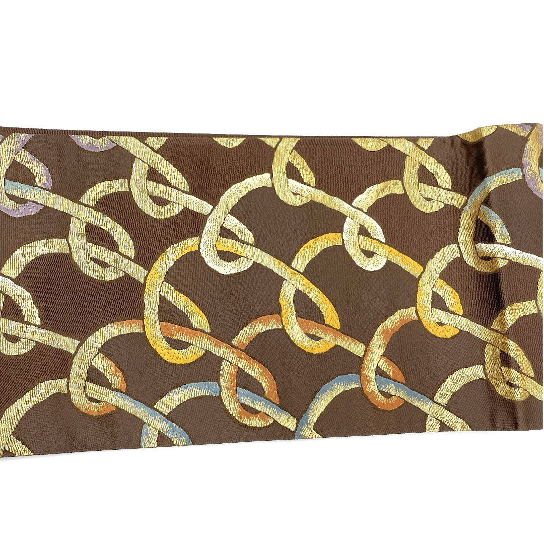 袋帯 輪繋ぎ 帯丈434cm 正絹 Bランク 六通 カジュアル 茶系 1123003884314