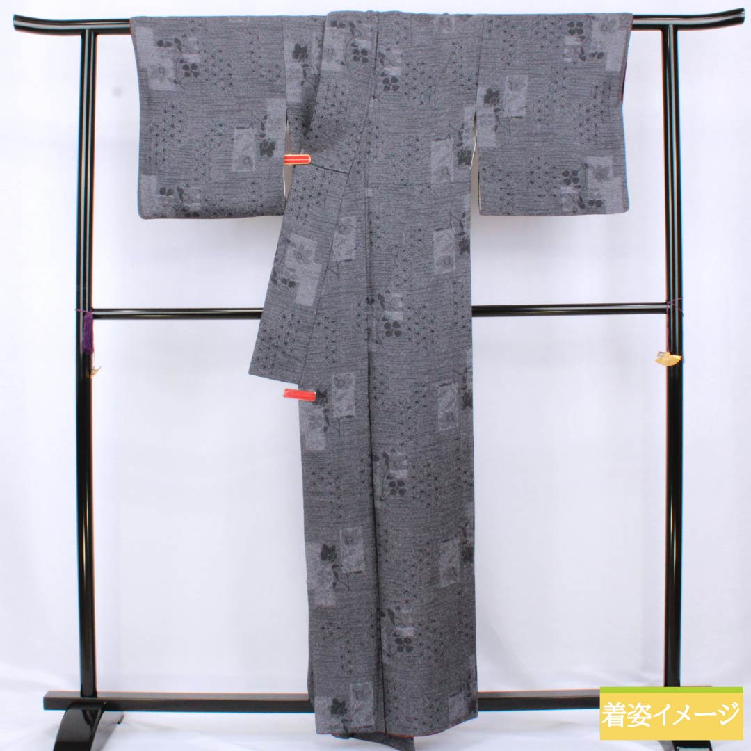 小紋 正絹 Aランク 身丈158cm 裄丈66.5cm 袷 短冊 グレー系 1115006963322