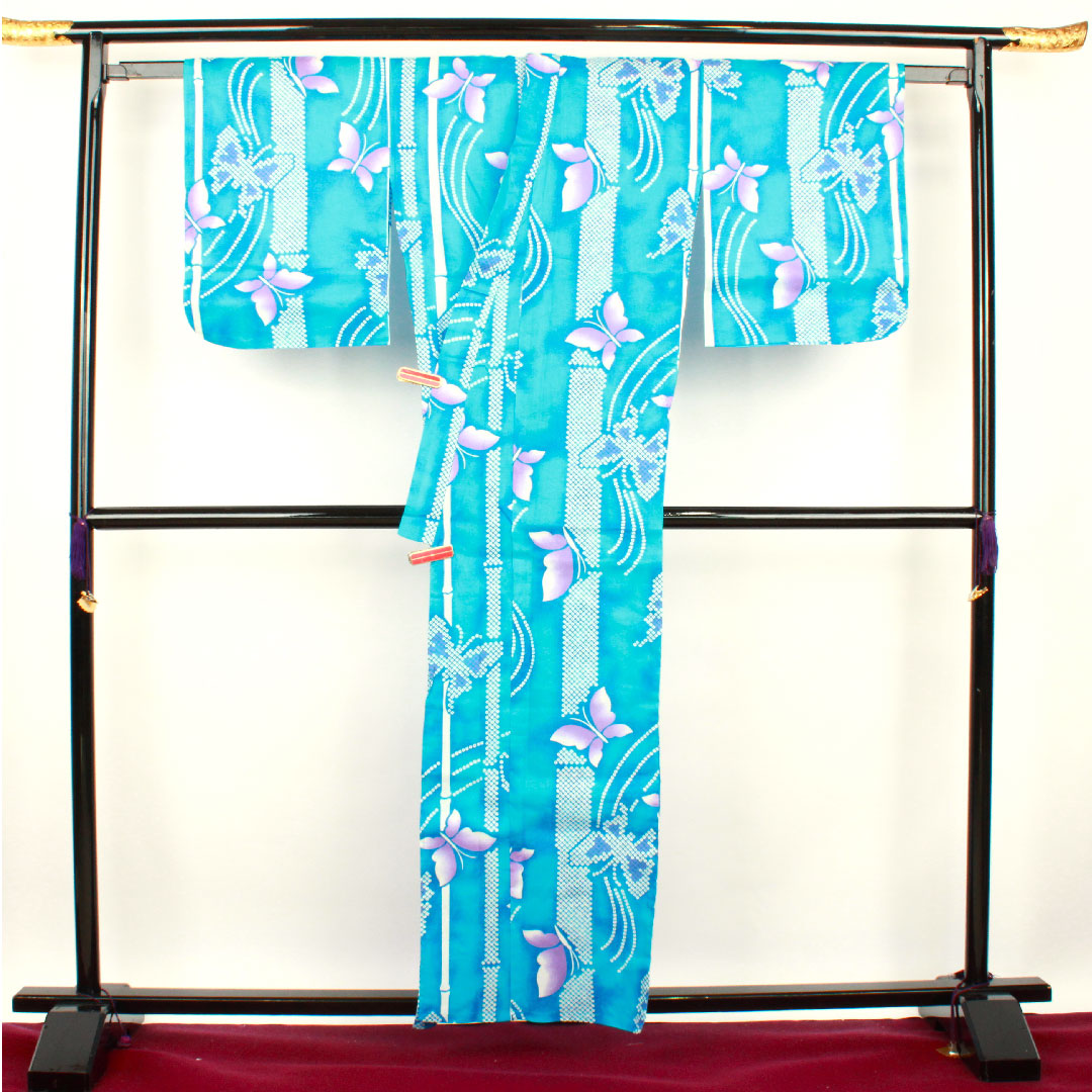 浴衣 蝶 木綿 Sランク 単衣 身丈160cm 裄丈67cm 青系 1118001002417