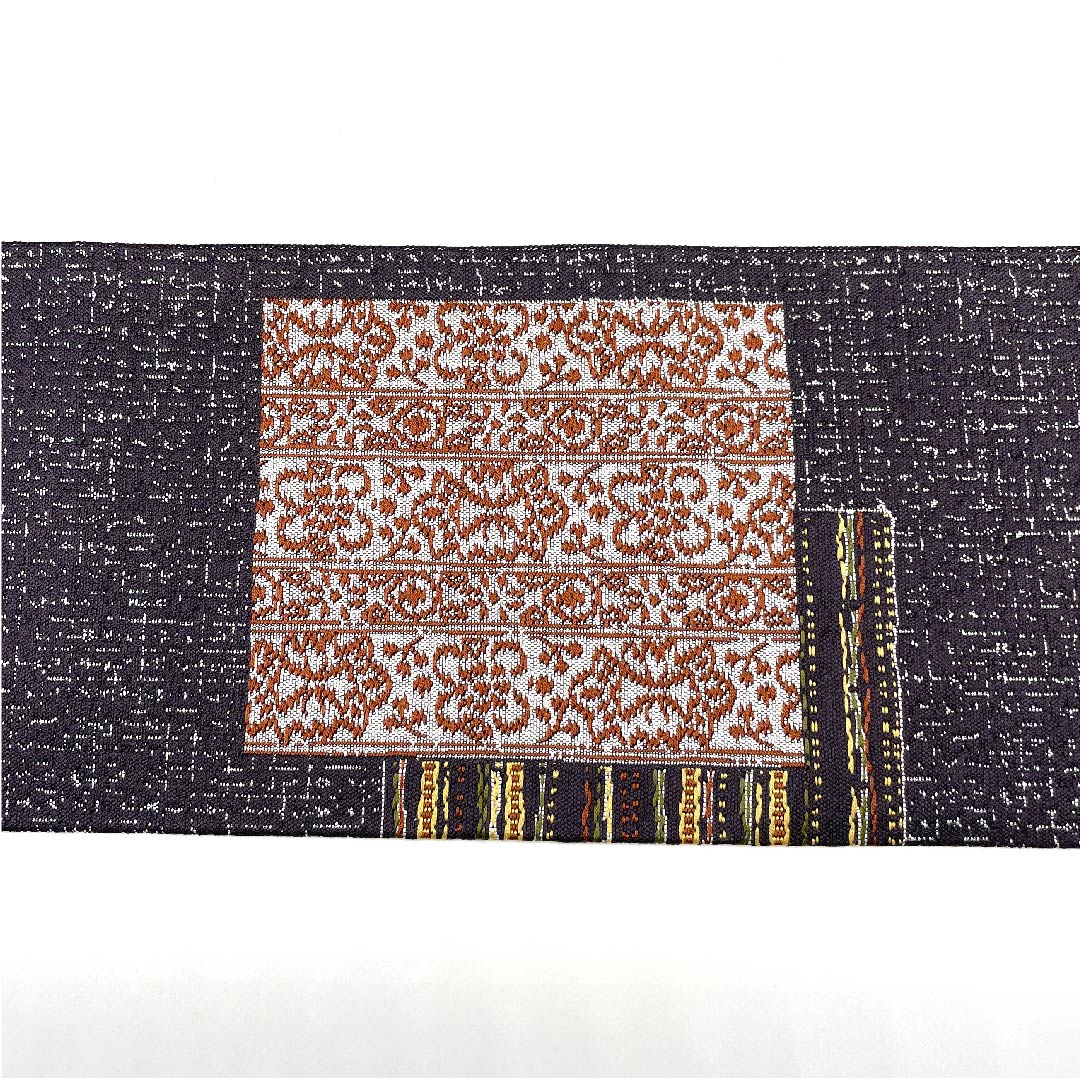 名古屋帯 藤煤竹色 抽象四角模様 帯丈367cm ポリ Sランク 六通 カジュアル グレー系 1124003782322 名古屋仕立て