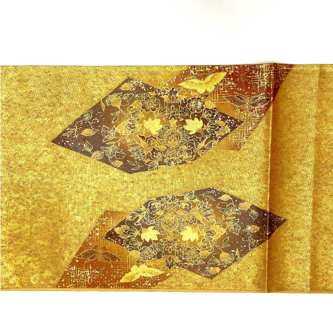 袋帯 金色 本金漆 蝶 華文 帯丈428cm 正絹 Aランク ポイント柄 フォーマル 金系 1123002873321