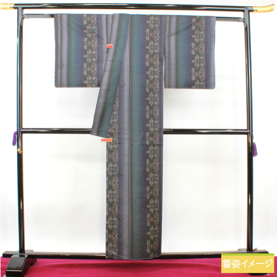 Silk pongee, Length 156cm, Sleeve length 64.5cm, Oshima pongee, Warp and weft kasuri, Stripes, Floral pattern, S rank, Lined, Brown, 1116003462314