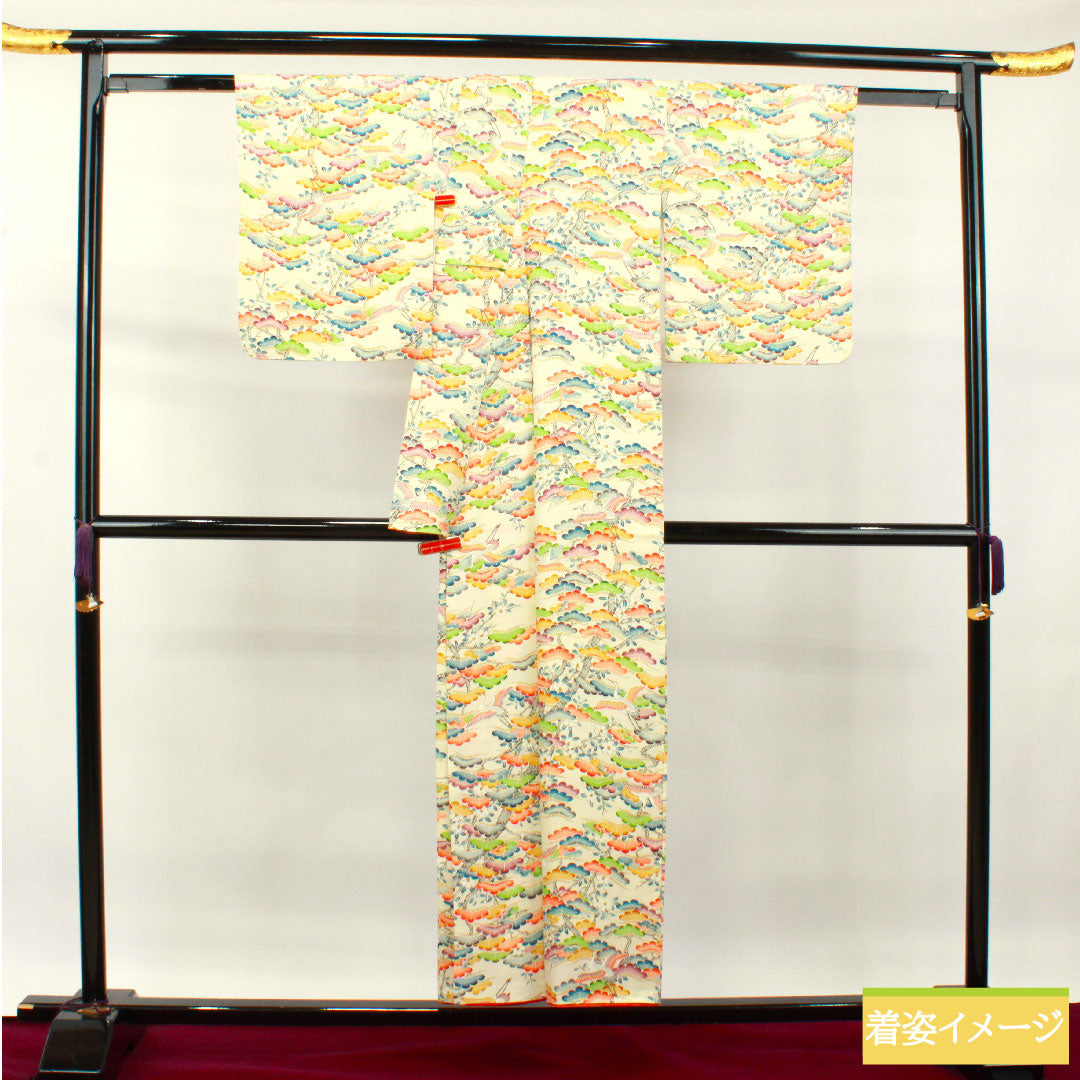 小紋 クリーム系 身丈152.5cm 裄丈67.5cm 袷 乳白色 松 鶴 正絹 Aランク 1115003743215