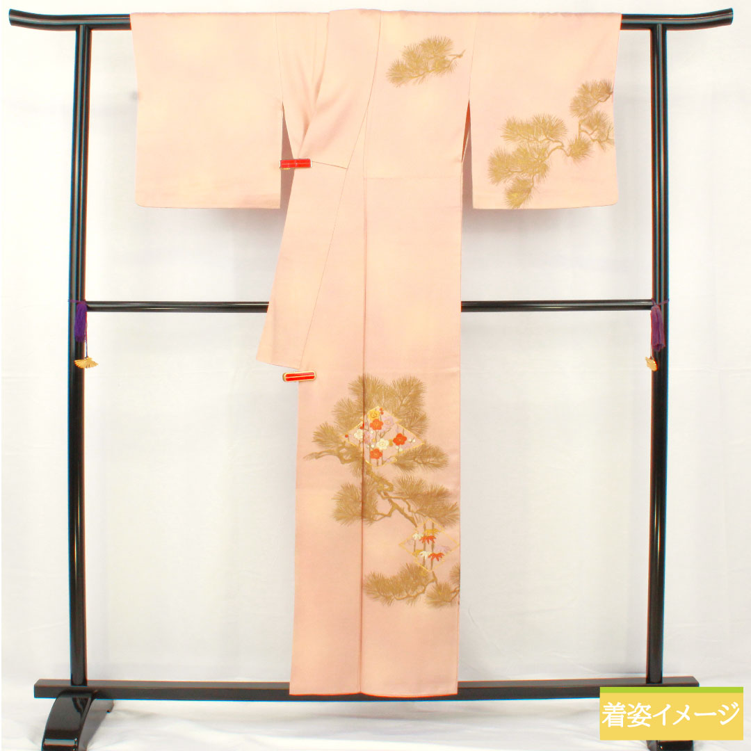 付け下げ 正絹 袷 身丈154cm 裄丈63cm 今様色(いまよういろ) 京友禅 刺繍 松皮菱 松竹梅 Aランク ピンク系 1112005643213