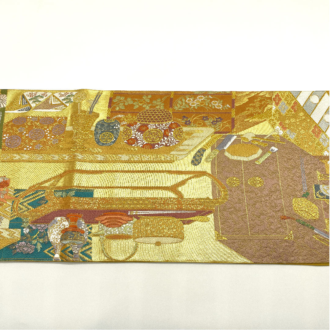 袋帯 時代人物風景 引箔 帯丈436cm 正絹 Sランク 六通 フォーマル 金系 1123005102321