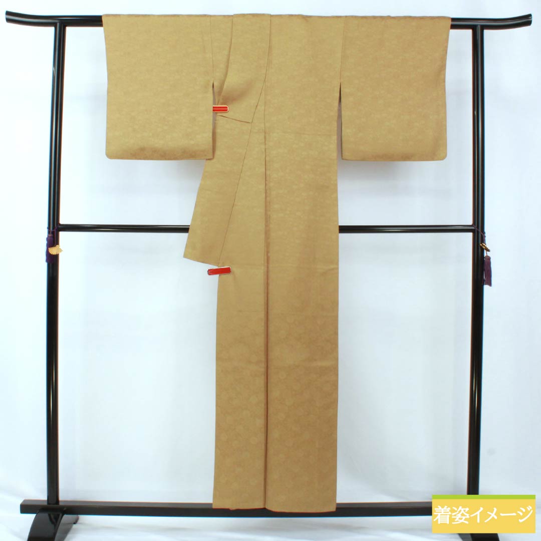 Solid-colored silk kimono, S rank, length 154cm, sleeve length 64cm, hibiscus-brown (hiwachairo) color, single crest (kikyo) with sewn crest, lined, green, 1114002432219