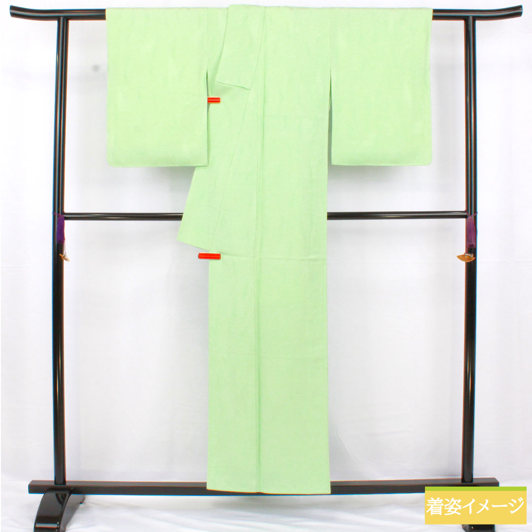 色無地 正絹 身丈155cm 裄丈62cm 綸子 一つ紋 大割抱き茗荷 袷 Aランク 緑系 1114001853319