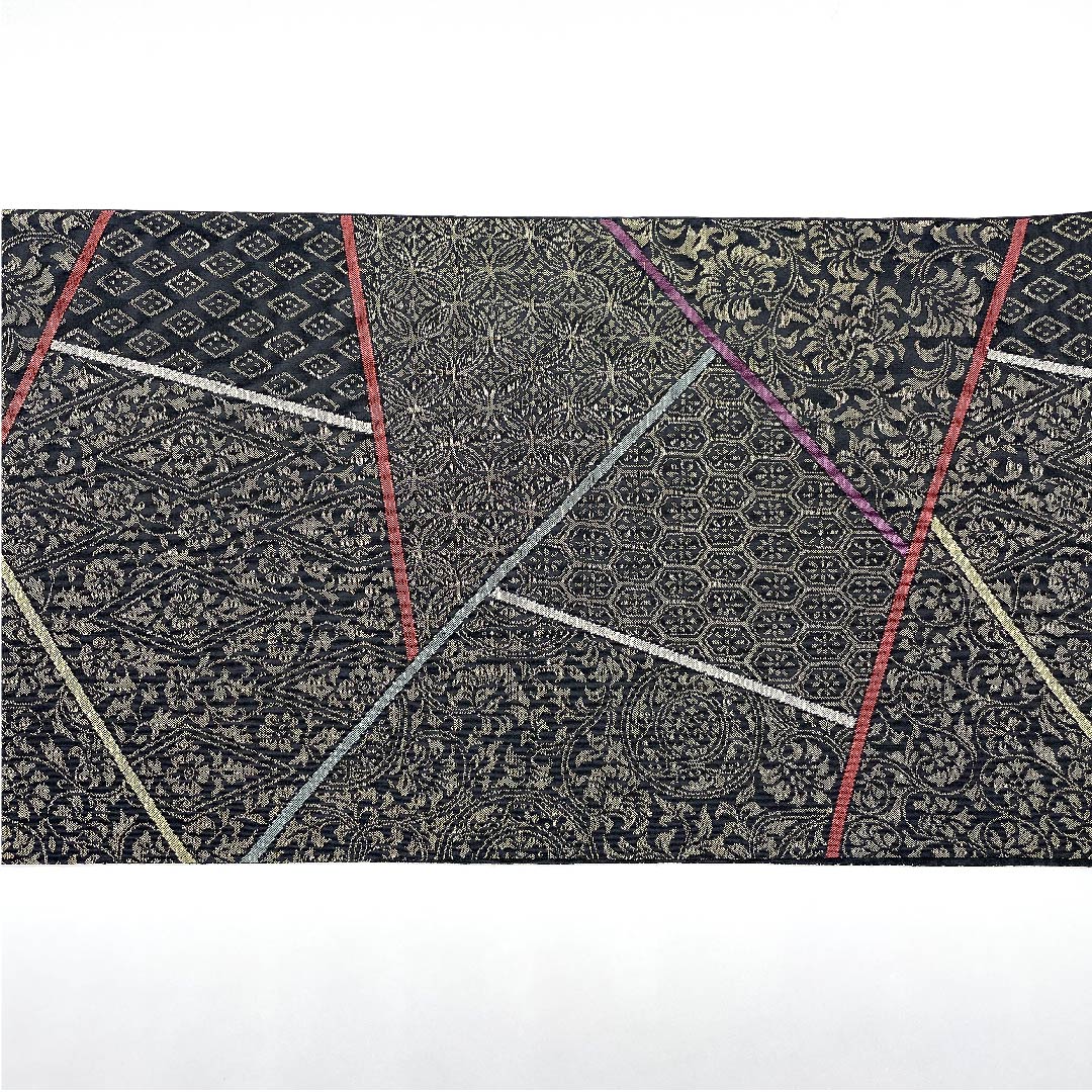 袋帯 黒色 切り嵌め風 七宝 更紗 亀甲 帯丈432cm 正絹 Sランク 六通 カジュアル 黒系 1123008832310