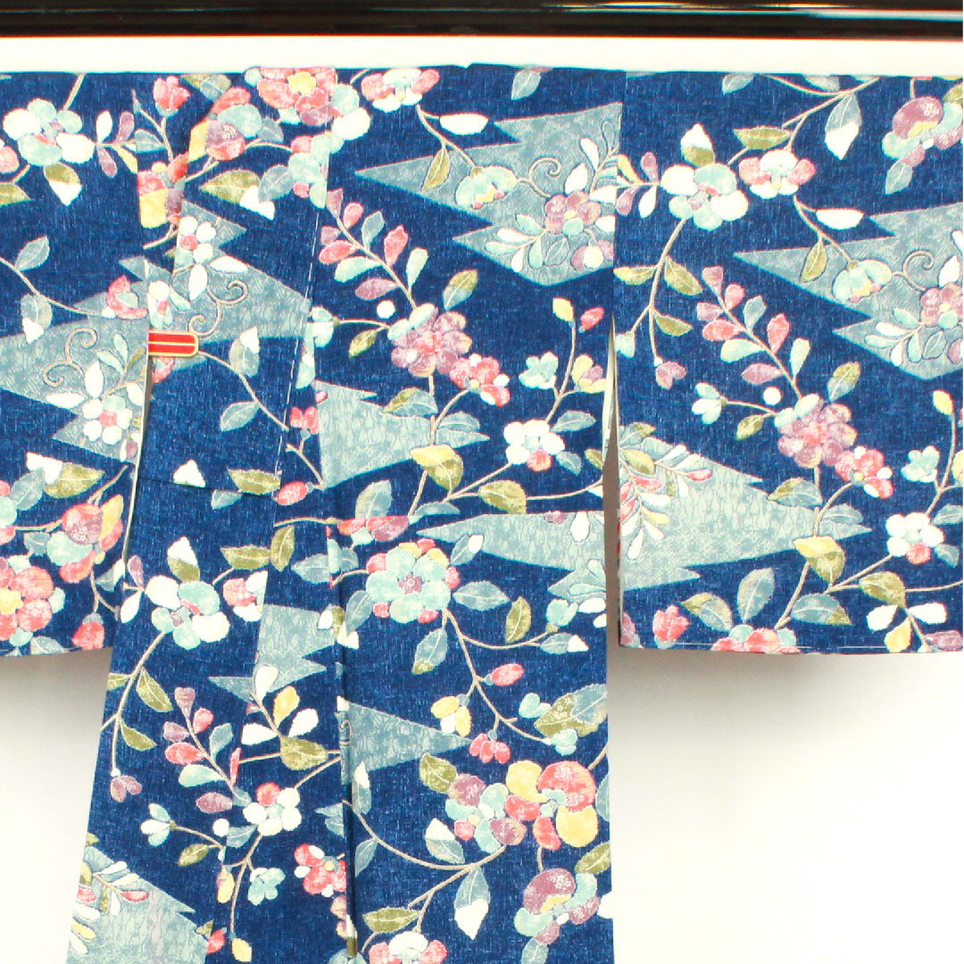 小紋 身丈158cm 裄丈64cm 袷 紺桔梗色 草花模様 正絹 Sランク 紺系 1115002512318