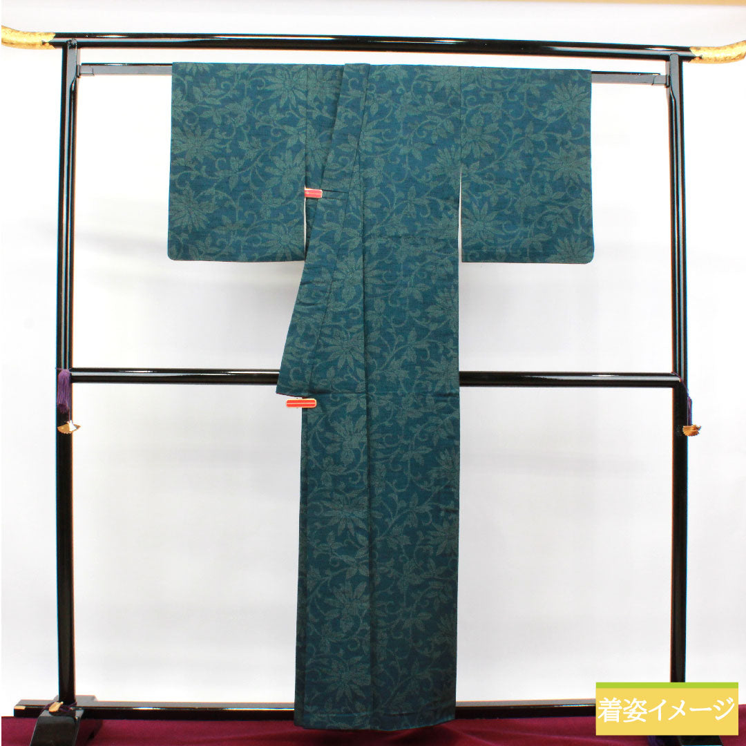 紬 正絹 身丈158cm 裄丈62.5cm 高麗納戸色 草花模様 胴抜き仕立 Sランク 胴抜き 緑系 1116002922319