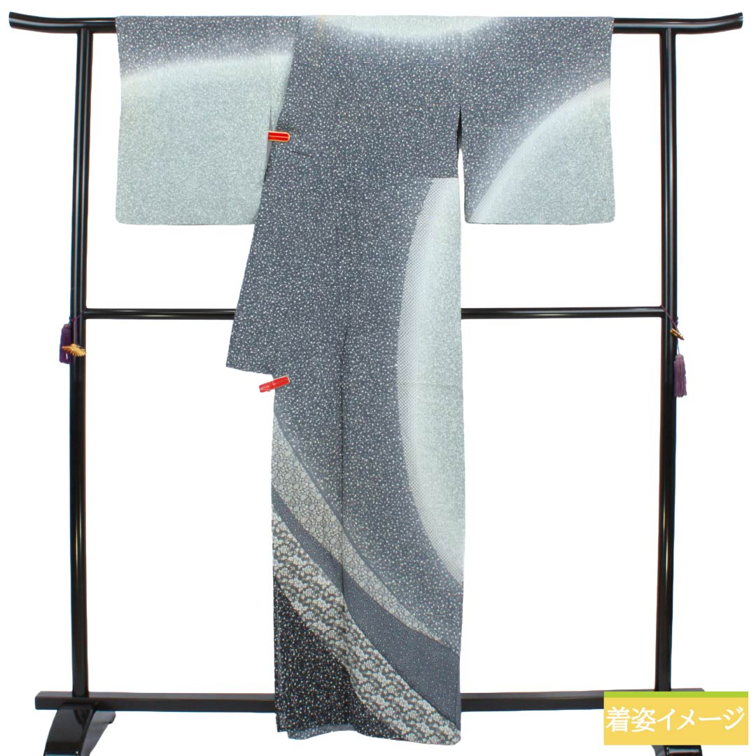 夏物 正絹 訪問着 Aランク 身丈161.5cm 裄丈66cm 浅葱鼠色(あさぎねずいろ) 竪絽 江戸小紋 タタキ染 絽 青系 1132005043417