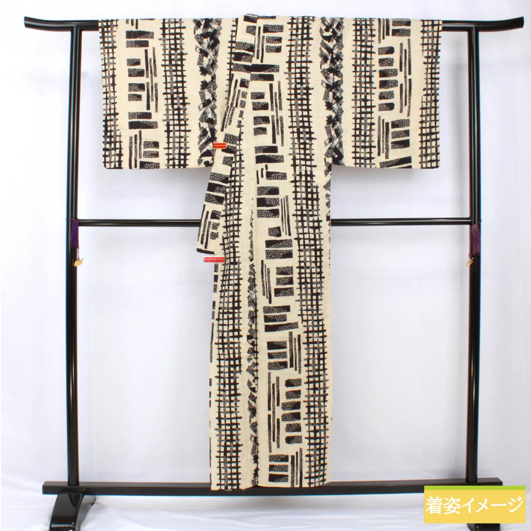 浴衣 綿麻 身丈154cm 裄丈71.5cm Aランク 単衣 ベージュ系 砥粉色(とのこいろ) 男物 幾何学模様 1118005423225