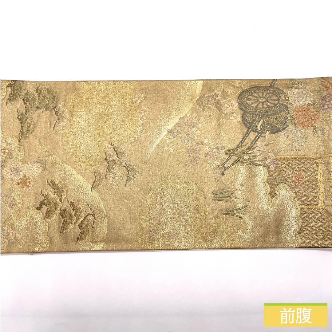 袋帯 正絹 留袖用 花車 牡丹 風景 帯丈418cm Sランク 六通 フォーマル 金系 1123014612321