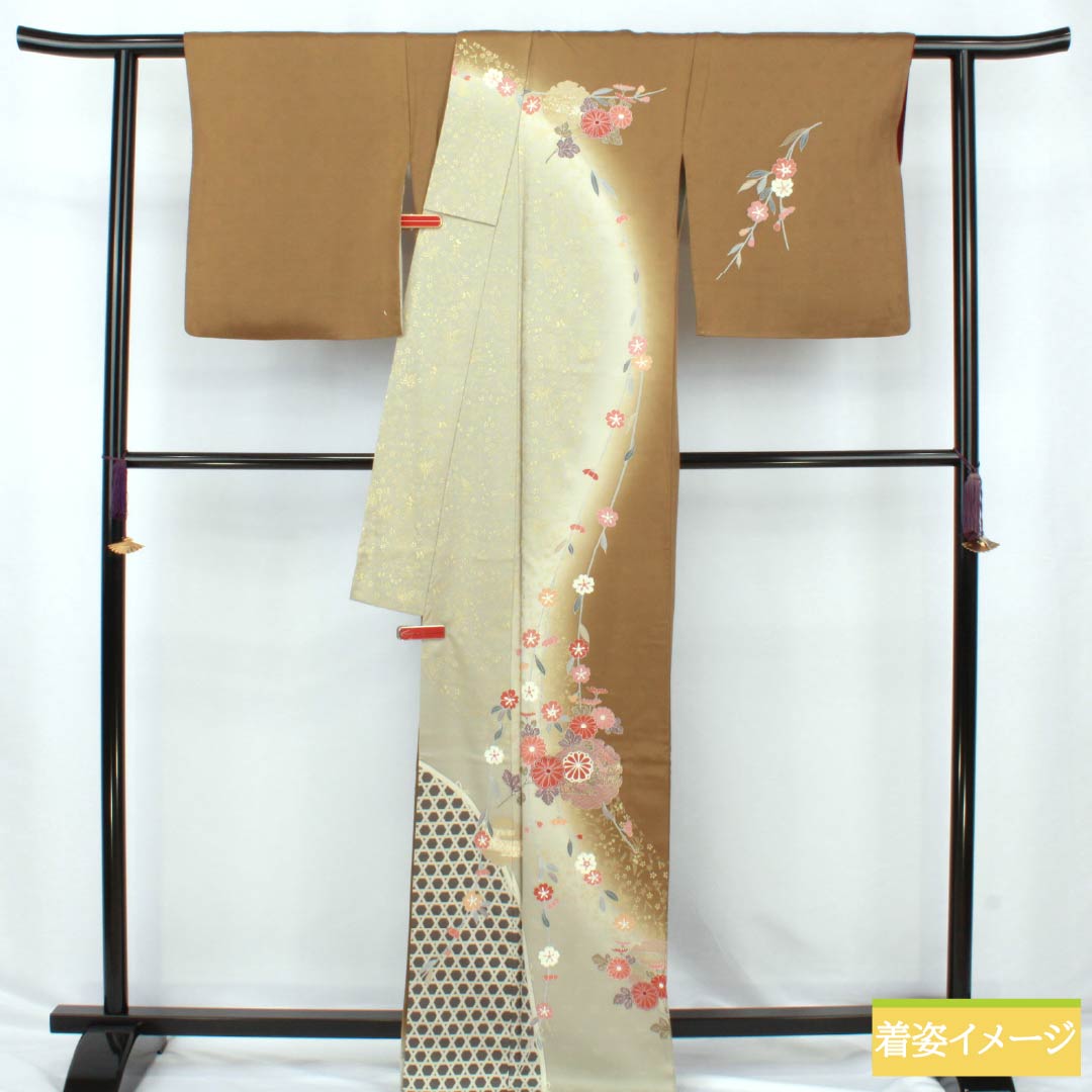 訪問着 正絹 Sランク 袷 身丈169cm 裄丈68cm 糞色(ばばいろ) 京友禅 竹垣 花 橙系 1112006492526