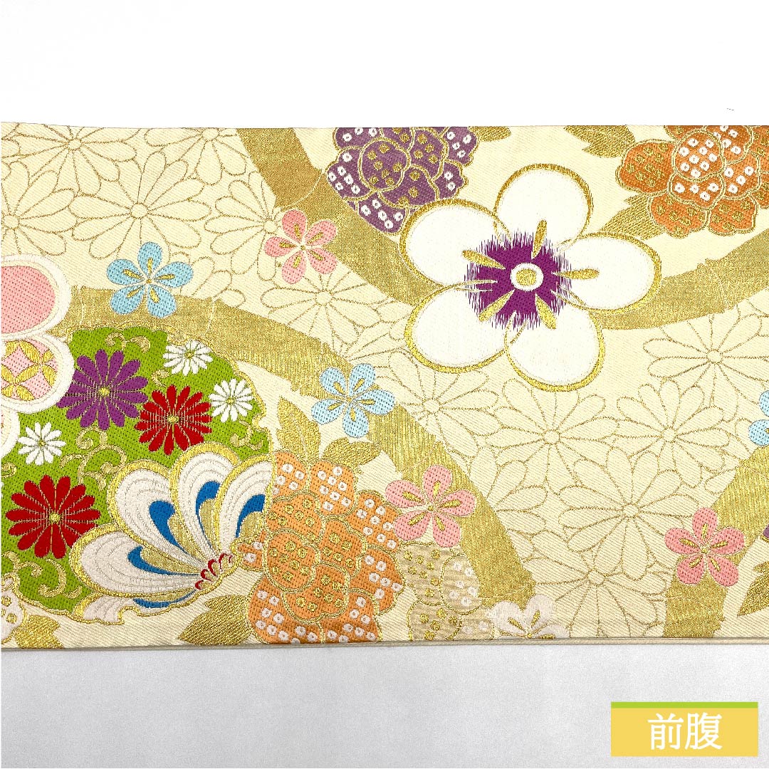 袋帯 正絹 生成り色(きなりいろ) 梅 菊 七宝 花唐草 帯丈434cm Sランク 六通 フォーマル クリーム系 1123011712315