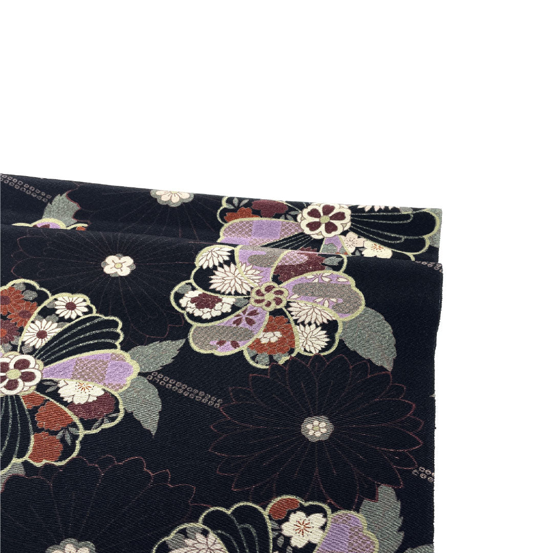 帯揚げ 正絹 Sランク カジュアル 黒色(くろいろ) 古典柄 花柄 レトロ 長さ約176cm 幅約31cm 黒系 1136001742910
