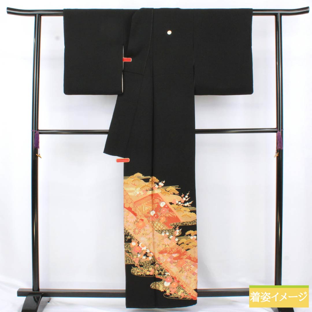 黒留袖 正絹 Aランク 身丈158.5cm 裄丈62.5cm 袷 京友禅 吉祥文様 五つ紋 丸に剣片喰 御所車 松 五つ紋 黒系 1111001803310