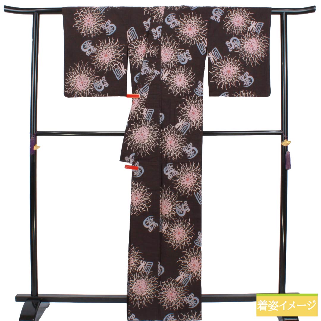 浴衣 木綿 Sランク 身丈166cm 裄丈67cm 臙脂墨色(えんじずみいろ) こむさでもーど 菊 桐 単衣 茶系 1118007002514