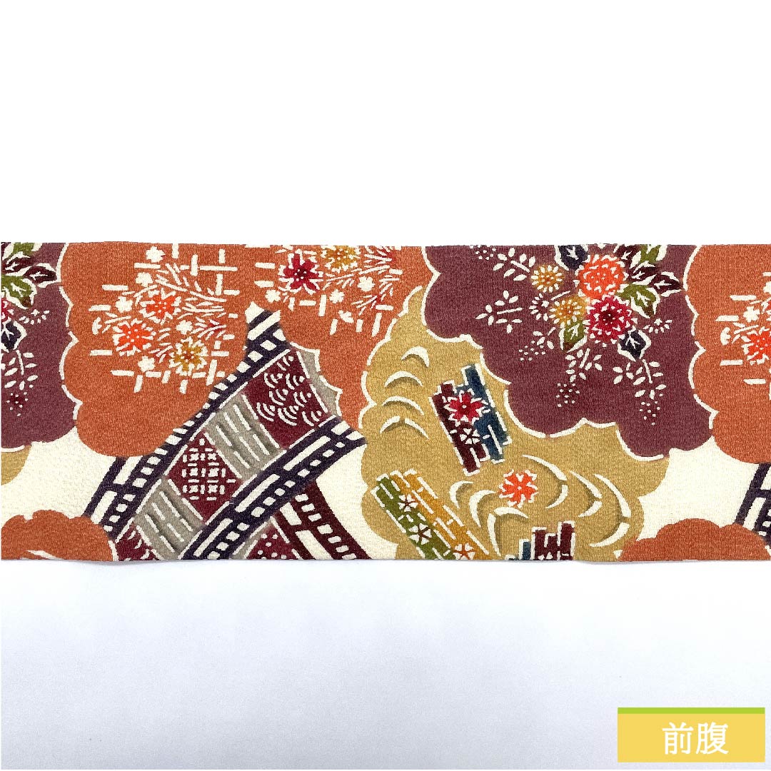 名古屋帯 生成り色 型染 京紅型 古典柄 雲取り ちりめん地 帯丈362cm 正絹 Sランク 六通 カジュアル 白系 1124005802311 名古屋仕立て