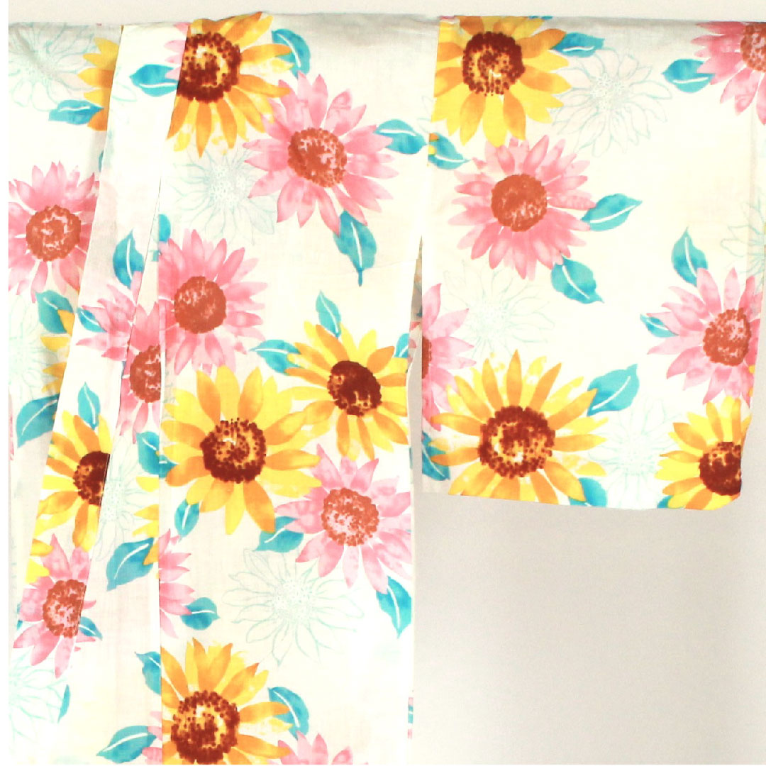 浴衣 向日葵 木綿 Sランク 単衣 身丈163cm 裄丈67cm 白系 1118000852411