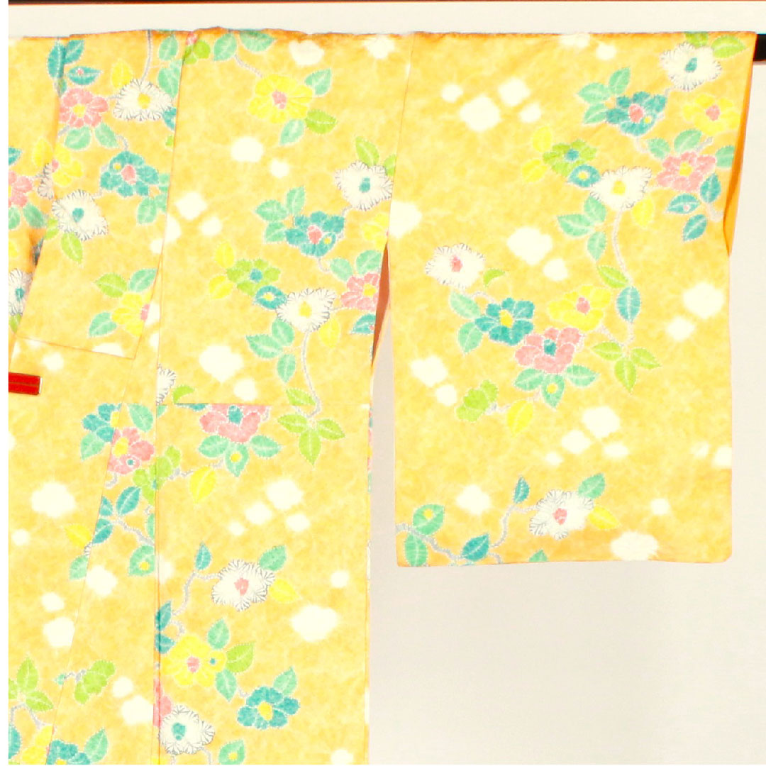 小紋 身丈159cm 裄丈63cm 袷 絞り 草花模様 正絹 Bランク 黄系 1115001924323