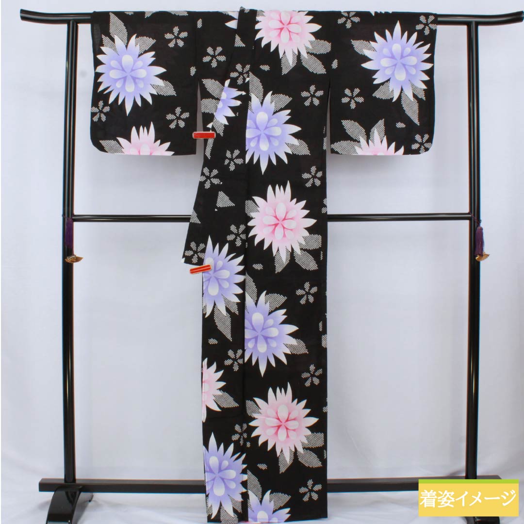 Cotton Yukata, Length 164cm, Sleeve Length 68.5cm, S Rank, Single Layer, Black with Floral Pattern, 1118006562410