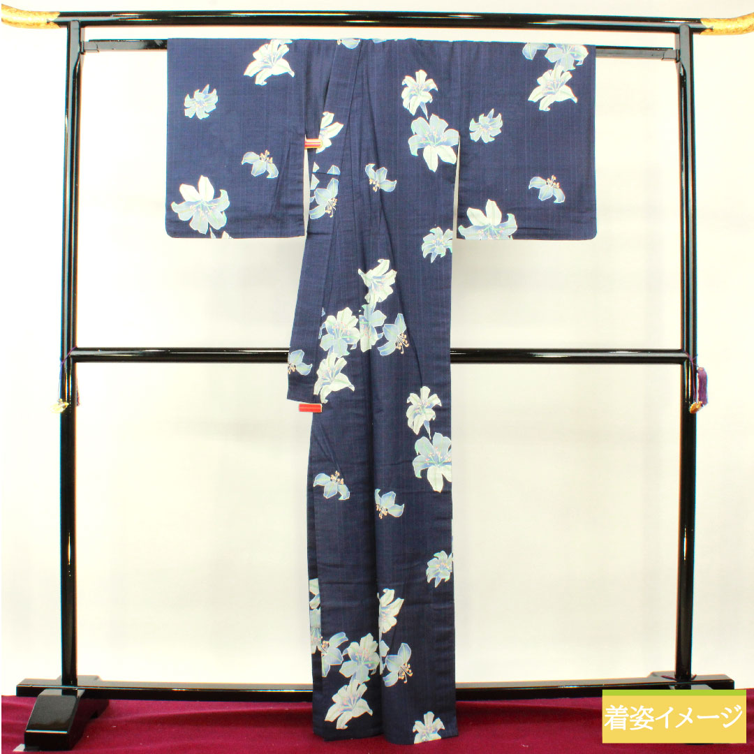 Yukata Cotton Length 166cm Sleeve length 64.5cm S rank Single layer Navy blue Smoke color Casablanca 1118005142518