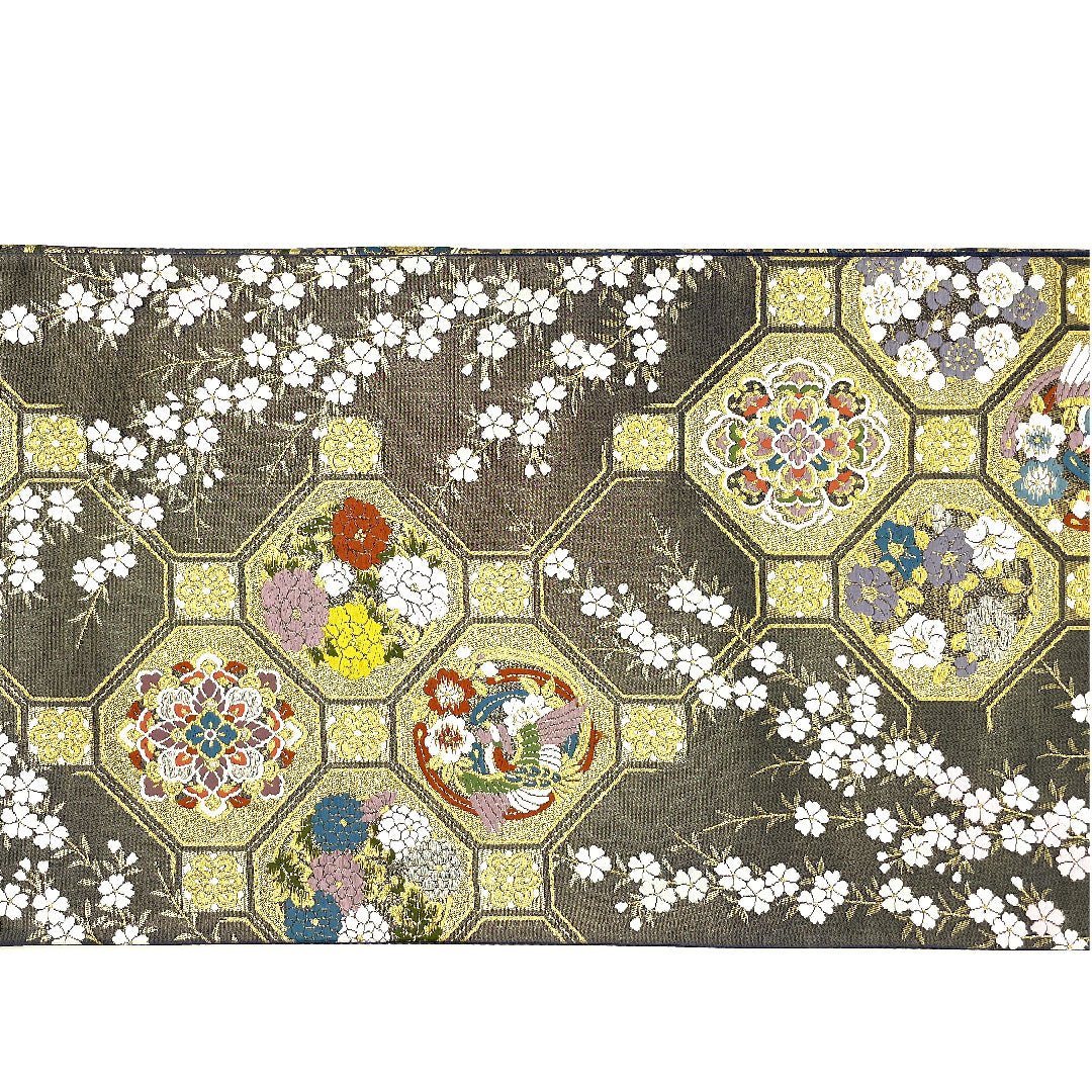 (未仕立)袋帯 全通全景 三十六歌仙文様 千紫萬紅 帯丈454cm 正絹 NEWランク 全通 フォーマル グレー系 1123003581422