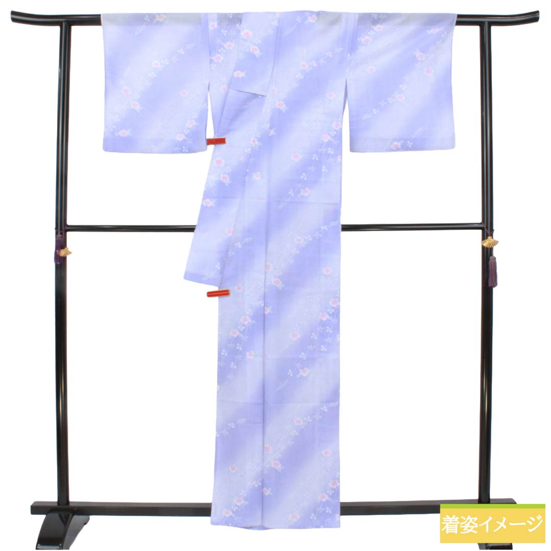 夏物 ポリエステル 小紋 Aランク 身丈159cm 裄丈63.5cm 藤色(ふじいろ) 洗える着物 草花模様 絽 紫系 1132006123320