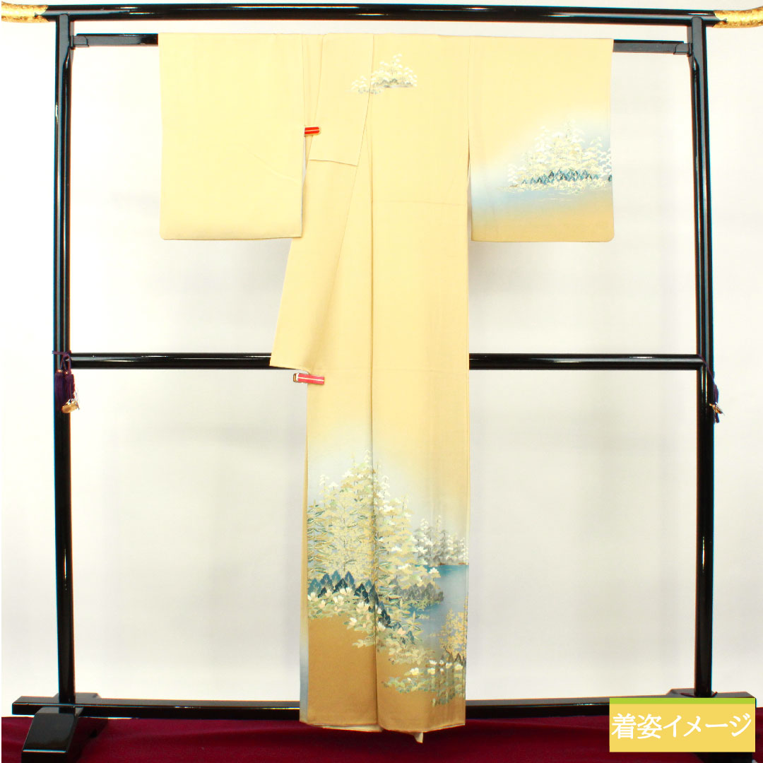 訪問着 正絹 袷 身丈158.5cm 裄丈64cm 東京白茶色 金彩加工 風景模様 Sランク ベージュ系 1112003662325