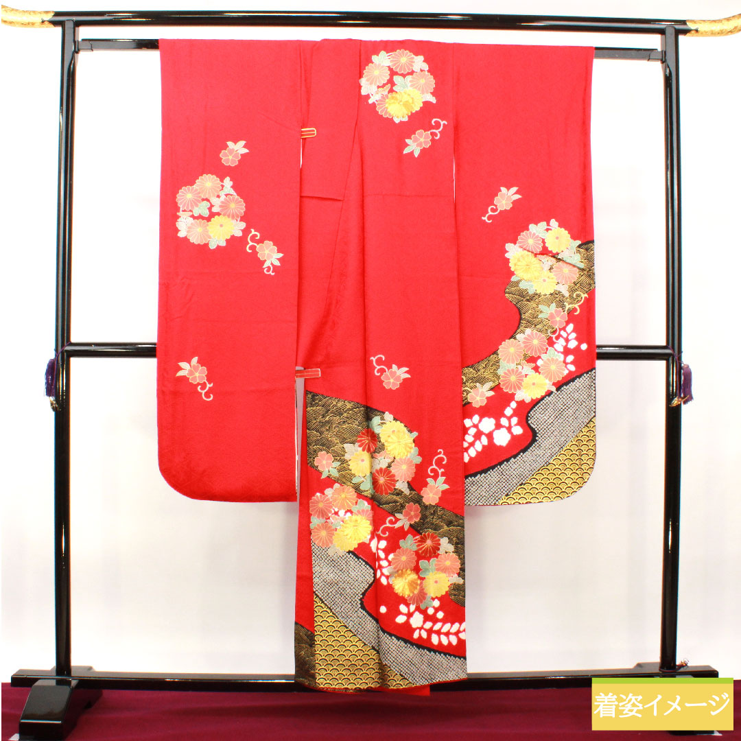 振袖 正絹 身丈154.5cm 裄丈66cm 袷 土耳古赤色(とるこあかいろ) 京友禅 菊 Aランク 赤系 1113001983212