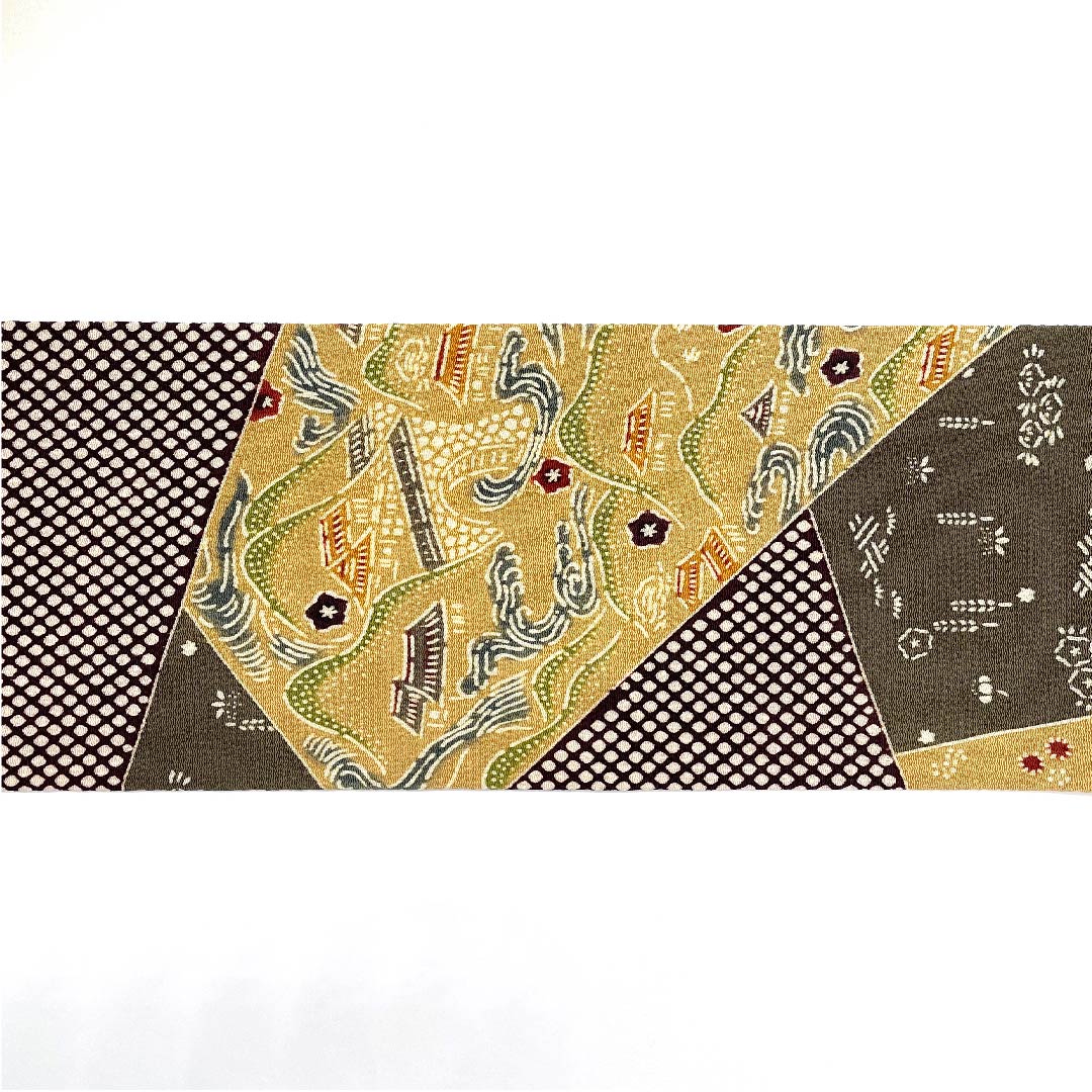 名古屋帯 山吹鼠色 京紅型 栗山工房 吉祥文様 帯丈366cm 正絹 Sランク ポイント柄 カジュアル 茶系 1124005202314 名古屋仕立て