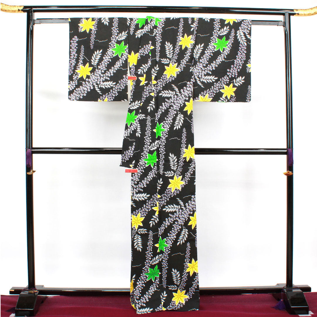 浴衣 藤 紅葉 木綿 Sランク 単衣 身丈166.5cm 裄丈64cm 黒系 1118003162510