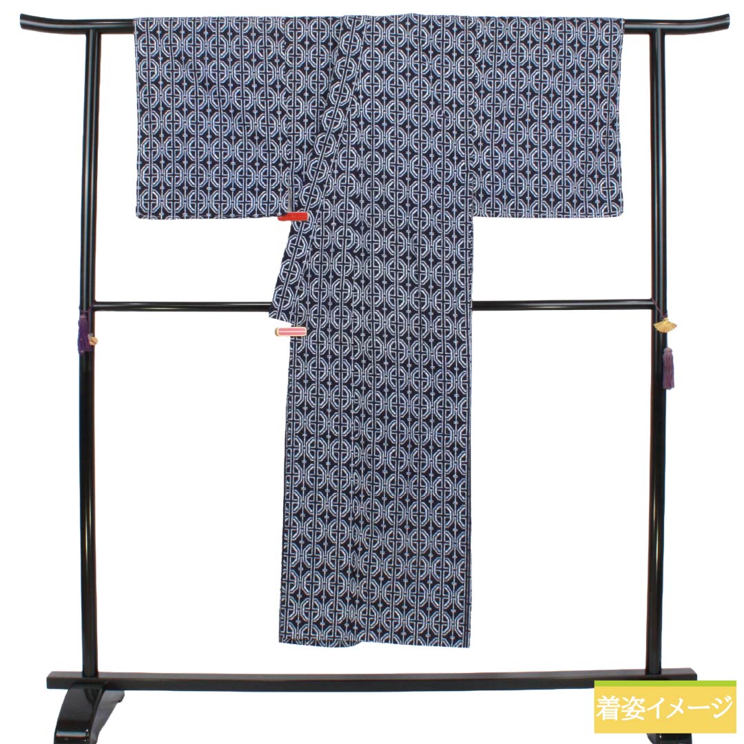 メンズ浴衣 木綿 Aランク 身丈145cm 裄丈69.5cm 濃紺色(のうこんいろ) 幾何学模様 単衣 紺系 1138000923418
