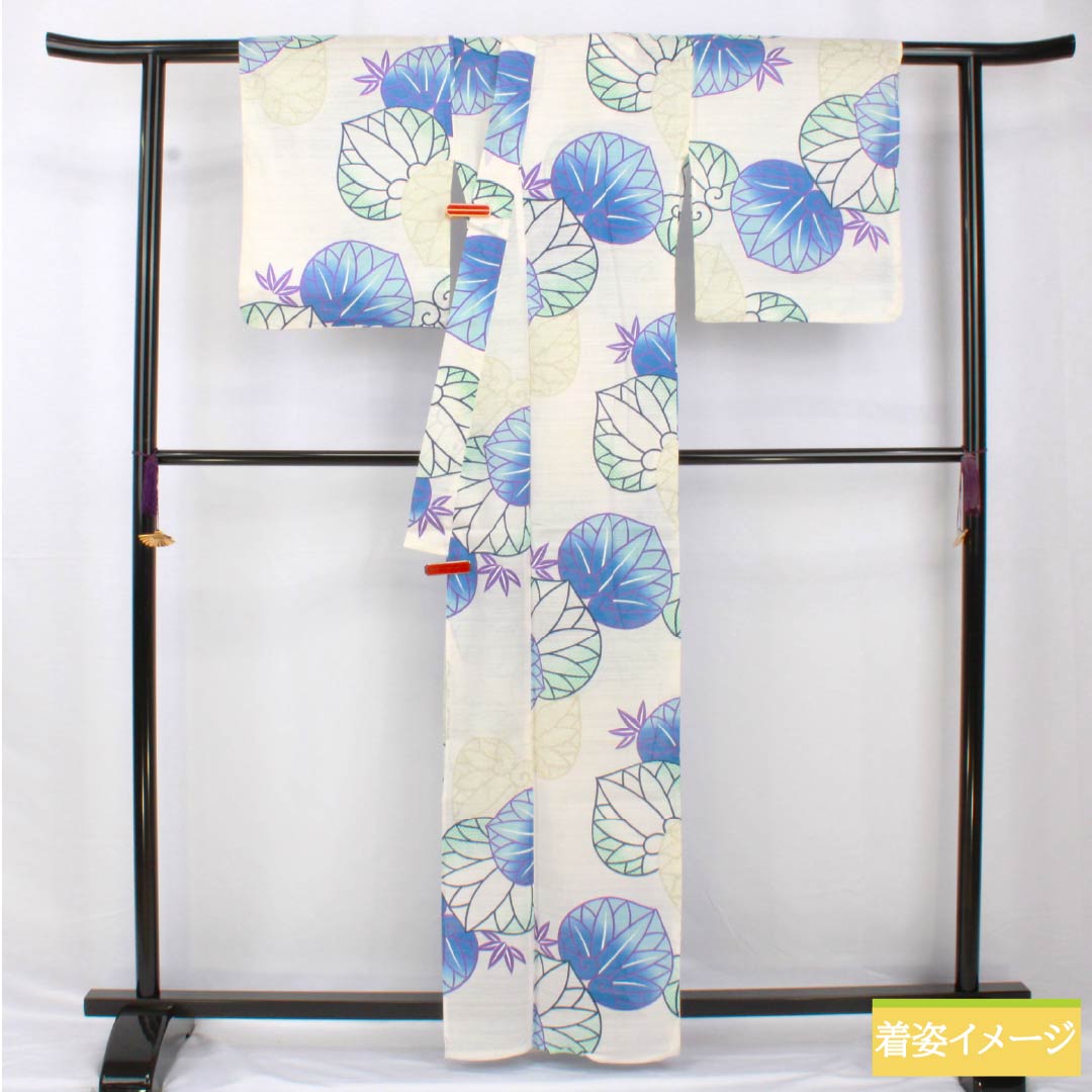 浴衣 木綿 身丈162.5cm 裄丈66cm Aランク 単衣 白系 葵 綿絽 1118005273411