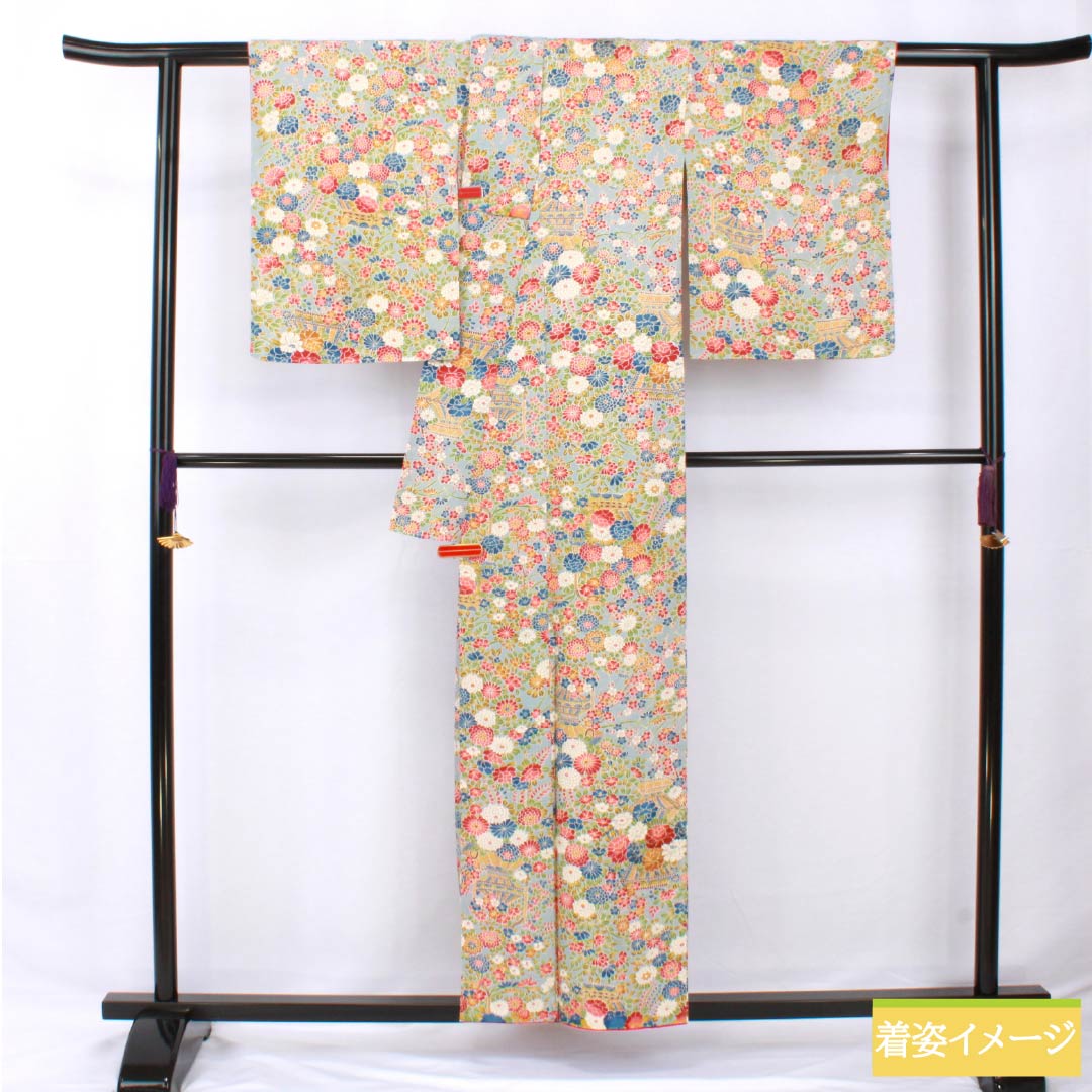 Small pattern, pure silk, length 156.5cm, sleeve length 64cm, lined, Kinuta celadon color, flower basket, rank S, light blue, 1115005792324