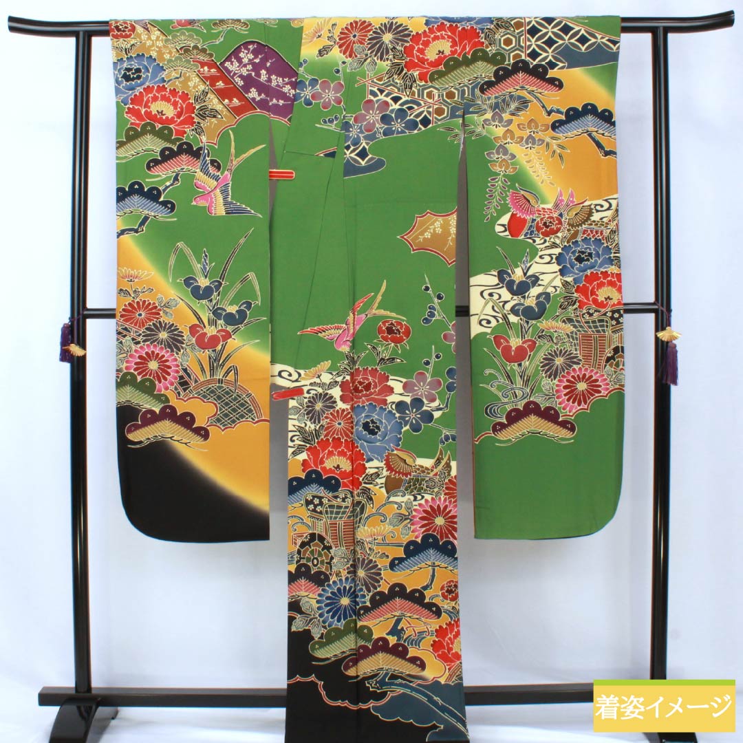 振袖 正絹 Aランク 身丈164.5cm 裄丈69cm 袷 松葉色(まつばいろ) 京紅型 吉祥文様 牡丹 菊 松 緑系 1113002363419