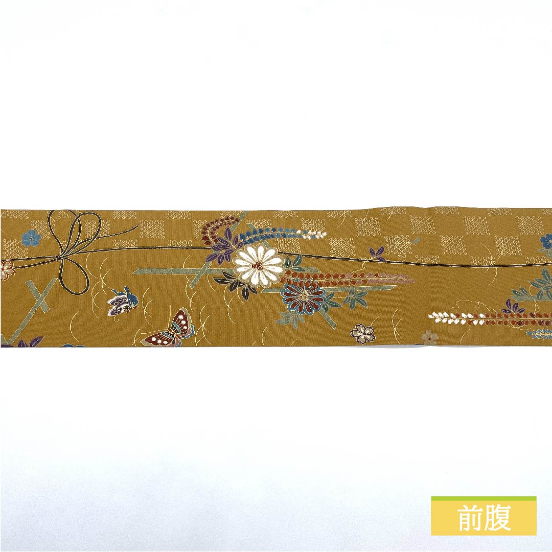 名古屋帯 山吹鼠色(やまぶきねずいろ) 菊 藤の花 蝶 帯丈372cm 正絹 Sランク 全通 セミフォーマル ベージュ系 1124006522325 名古屋仕立て