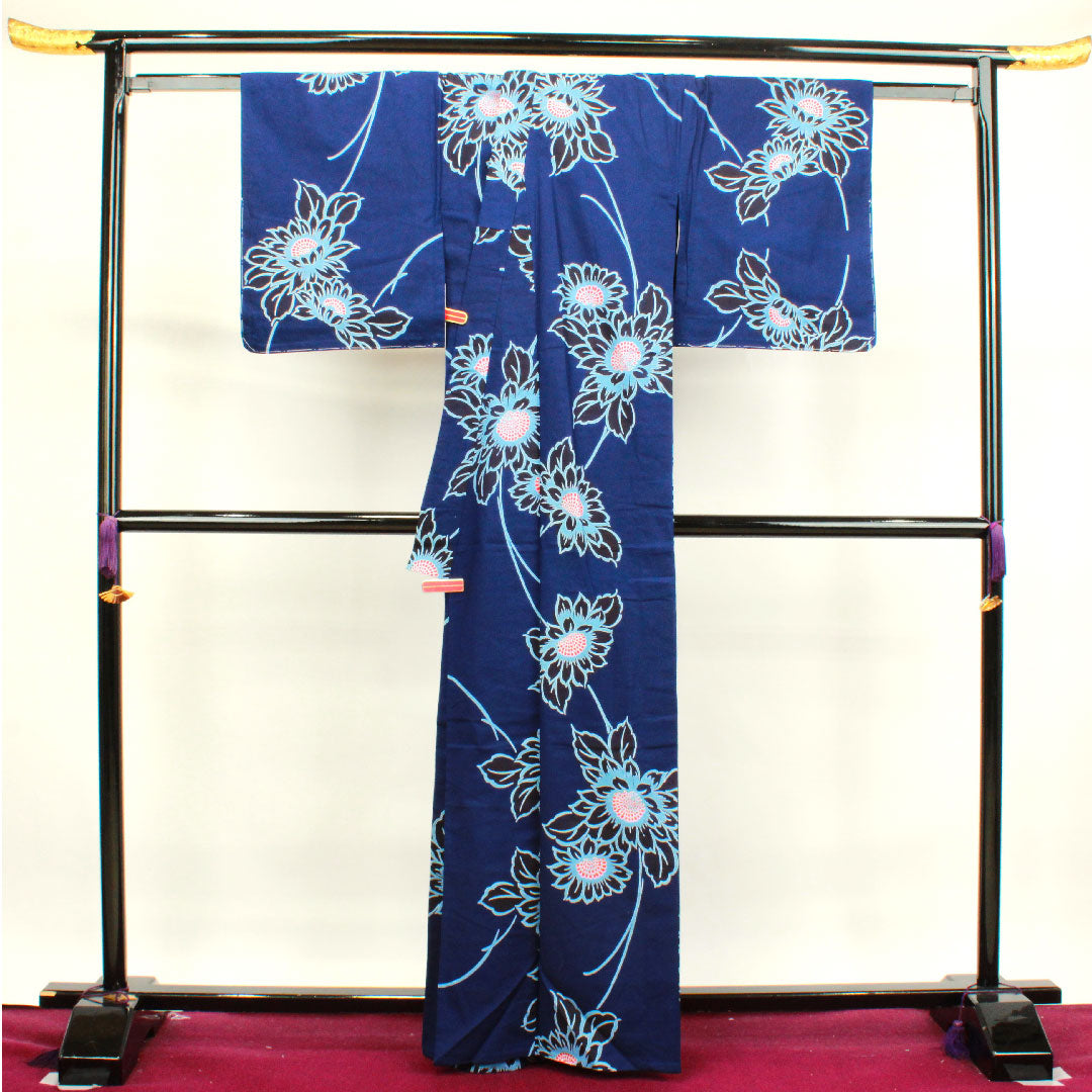 浴衣 しつけ糸付き 未使用品 濃紺色 向日葵 木綿 Sランク 単衣 身丈165cm 裄丈64.5cm 紺系 1118002752518