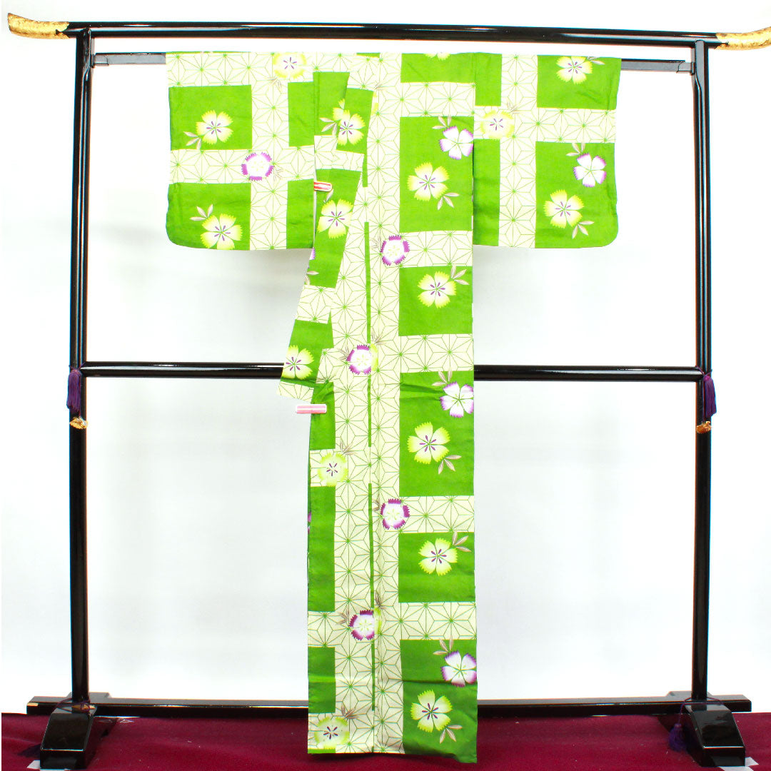 浴衣 常盤色 撫子 麻の葉 木綿 Sランク 単衣 身丈165.5cm 裄丈66cm 緑系 1118002722519