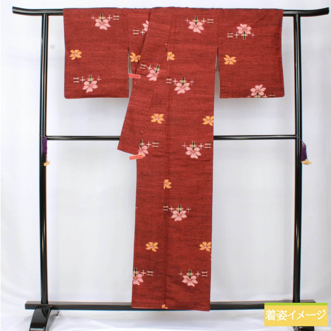 紬 正絹 Sランク 身丈156cm 裄丈65cm 赤銅色(しゃくどういろ) 花 絣 袷 茶系 1116003952314