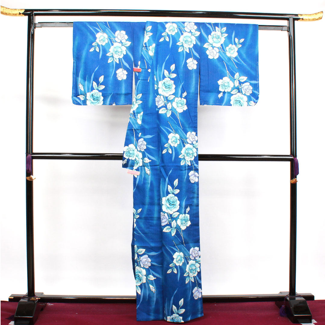 Yukata with basting thread, unused, lapis lazuli, rose, cotton, S rank, single layer, length 164.5cm, sleeve length 65.5cm, blue, 1118002932417