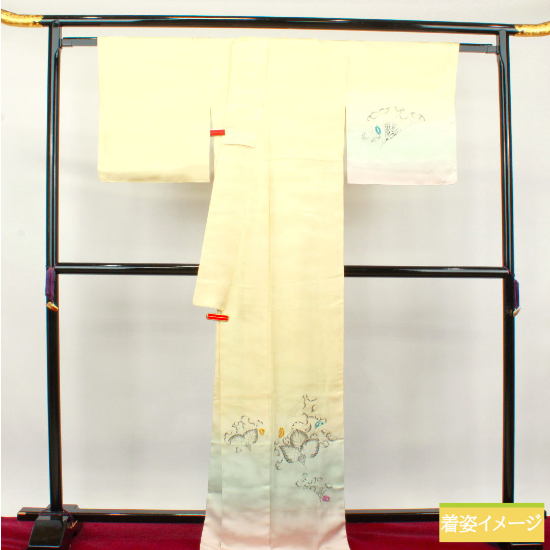 Homongi, pure silk, lined, length 171.5cm, sleeve length 72.5cm, lacquered color, Tsujigahana pattern, basting thread included, unused, S rank, cream color, 1112003452615