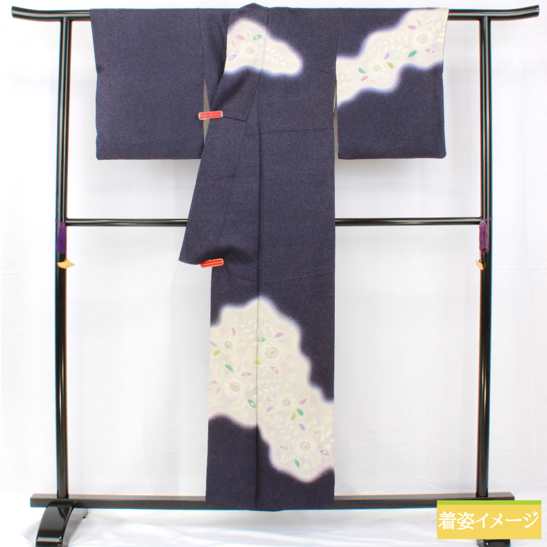 訪問着 正絹 袷 身丈154cm 裄丈63cm 鉄葡萄色(てつぶどういろ) 辻ヶ花 タタキ染 Aランク 紺系 1112005133218