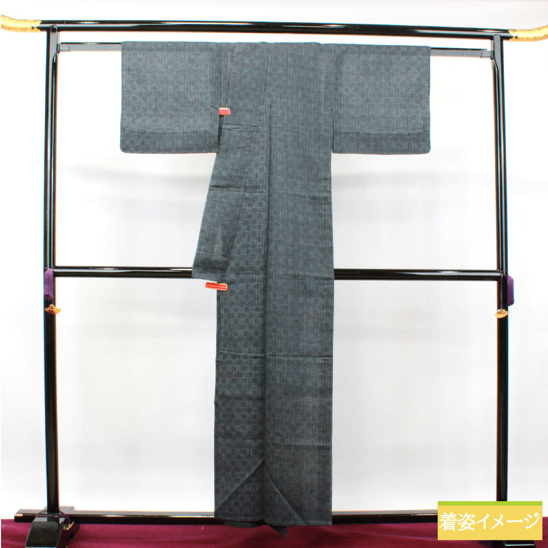 紬 正絹 身丈156cm 裄丈64cm 具墨色 幾何学模様 Sランク 紗 黒系 1116003112310