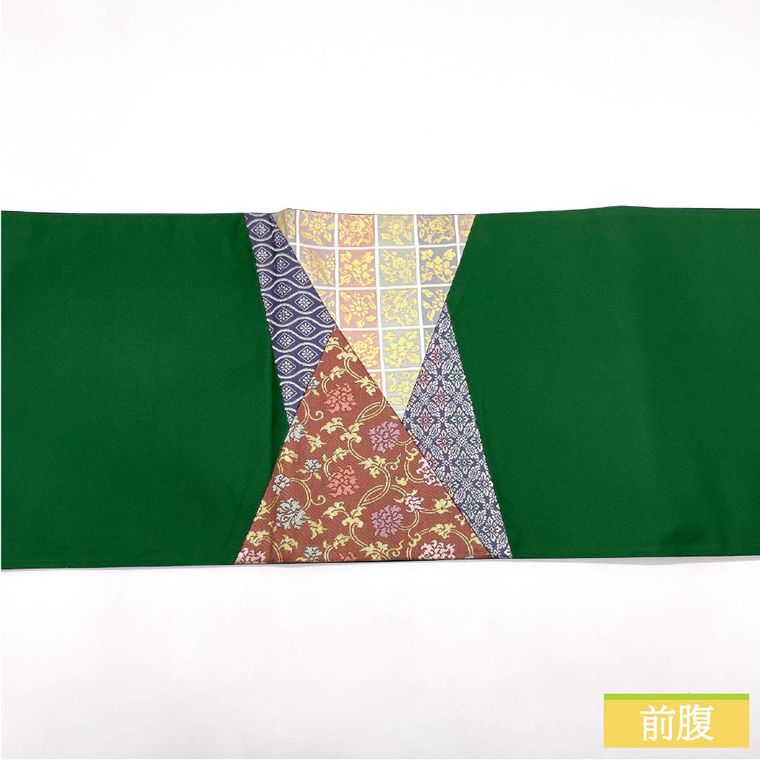 袋帯 正絹 濃緑色(のうりょくいろ) 切りばめ 唐花 立涌 菱 帯丈444cm Sランク ポイント柄 セミフォーマル 緑系 1123014952319