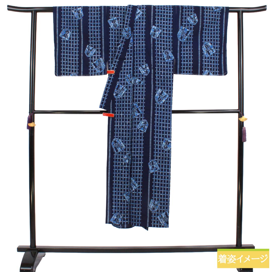 メンズ浴衣 木綿 Bランク 身丈140cm 裄丈68cm 紺色(こんいろ) 将棋駒 格子 単衣 紺系 1138000874418
