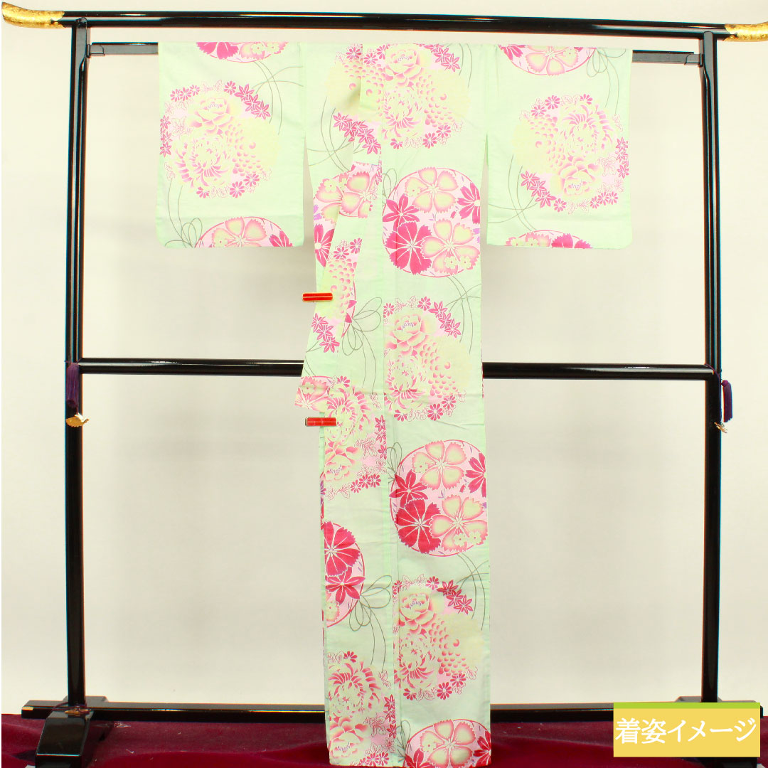 浴衣 木綿 身丈166.5cm 裄丈66cm Sランク 単衣 緑系 白緑色(びゃくろくいろ) 菊 撫子 1118004712519